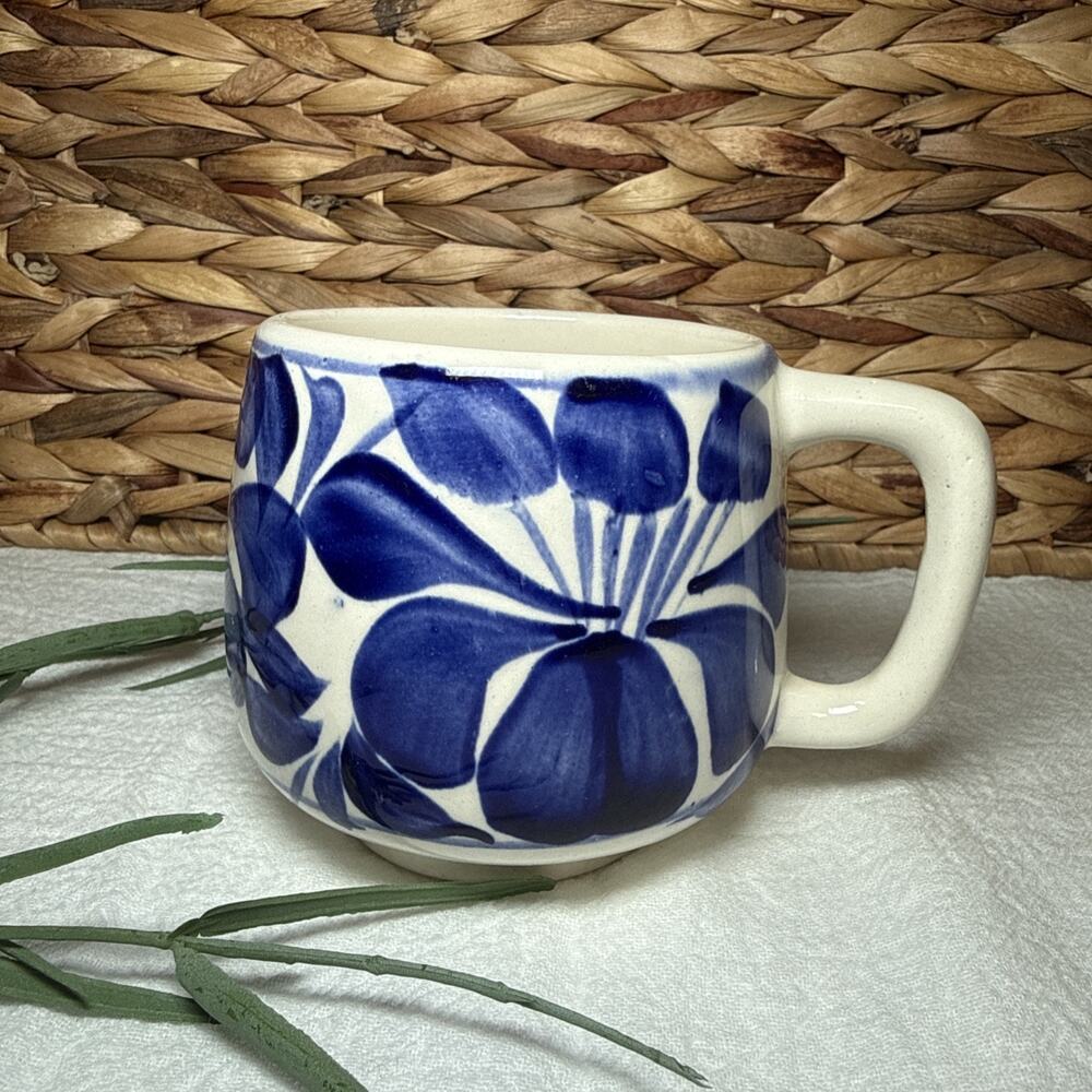 Vintage Blue Floral Stoneware Mug Scandinavian Style Hand Painted